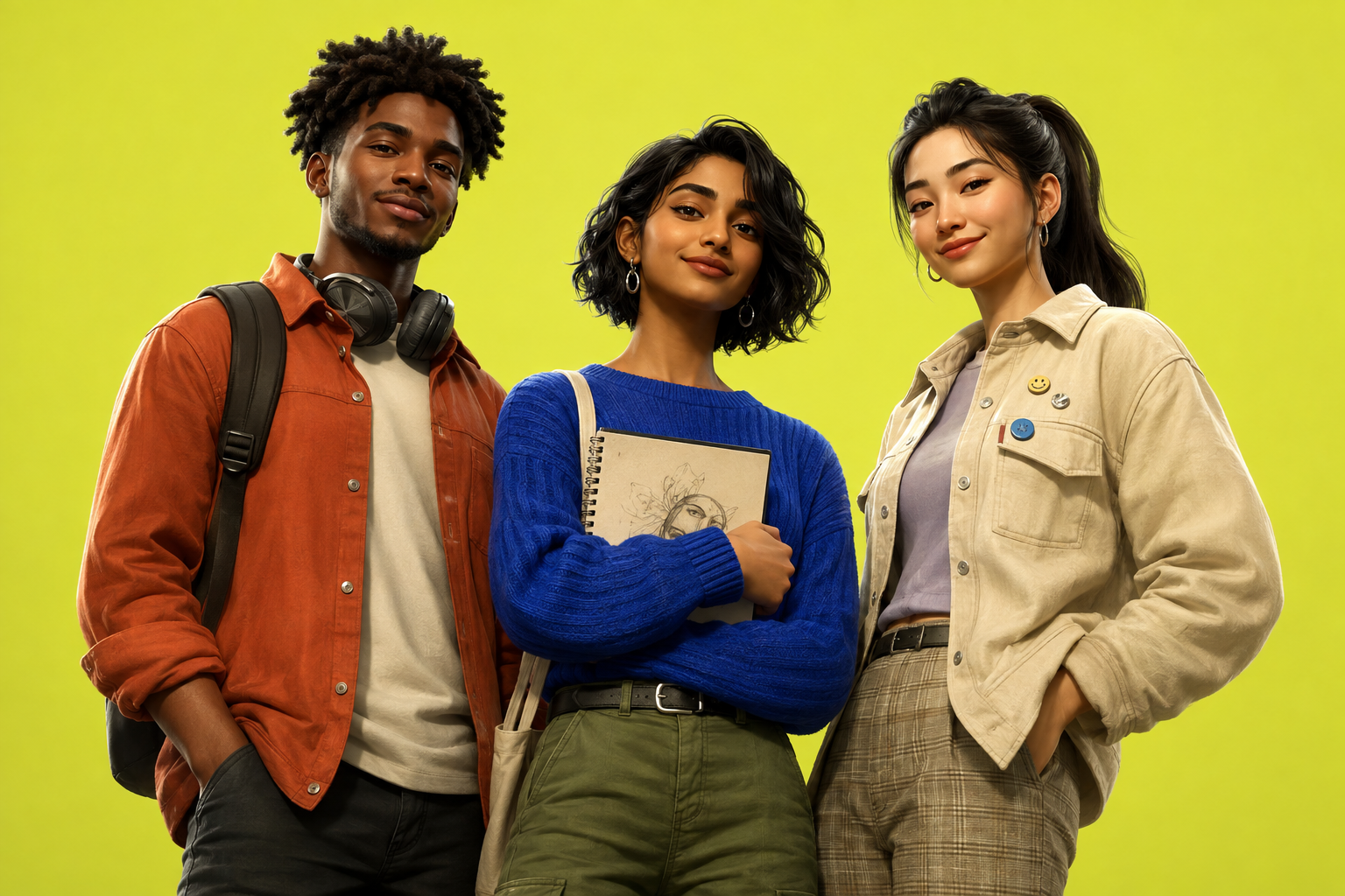 Three expressive young adult game characters with distinctive clothes, notebooks, and headphones.